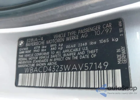 1998 BMW 328I из США, поврежденный, VIN WBACD4323WAV57149